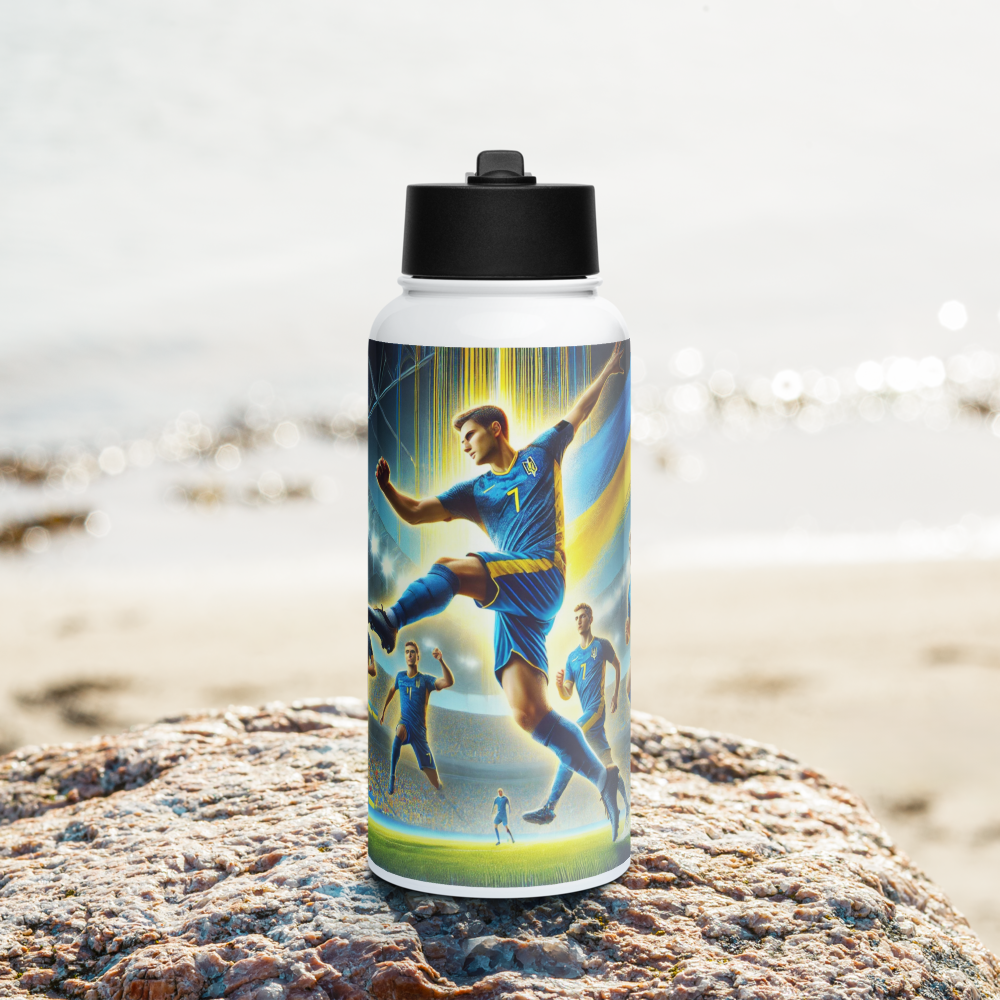 Steel water bottle with Ukrainian soccer emblem on rocky beach background, ideal for fans and athletes.