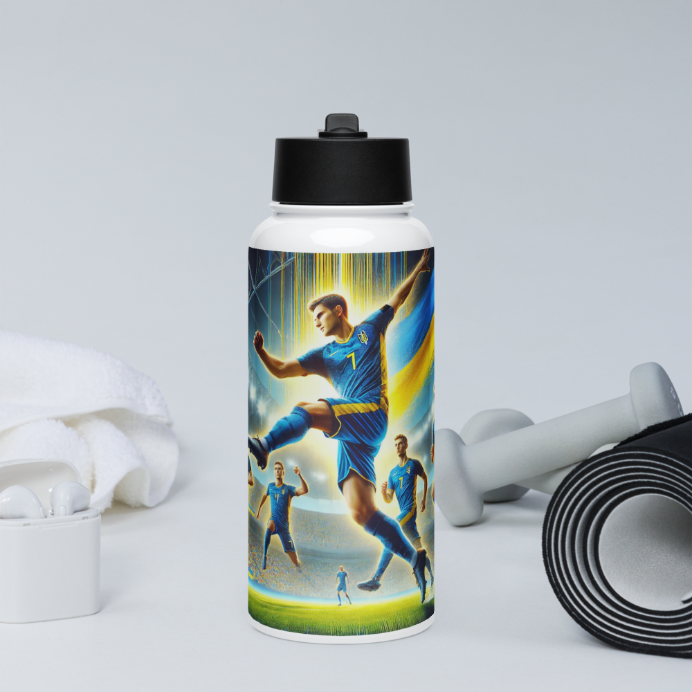 Steel water bottle with Ukrainian soccer emblem, soccer players design, near workout gear, for hydration during exercise.