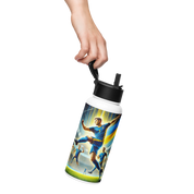 Hand holding a steel water bottle with Ukrainian soccer emblem, featuring athletes in action, ideal for hydration during workouts.