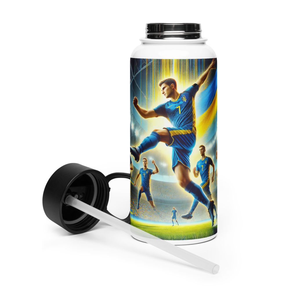Steel water bottle with Ukrainian soccer emblem and vacuum insulation, featuring a detailed soccer player design and foldable straw.