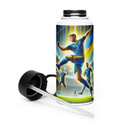Steel water bottle with Ukrainian soccer emblem and vacuum insulation, featuring a detailed soccer player design and foldable straw.