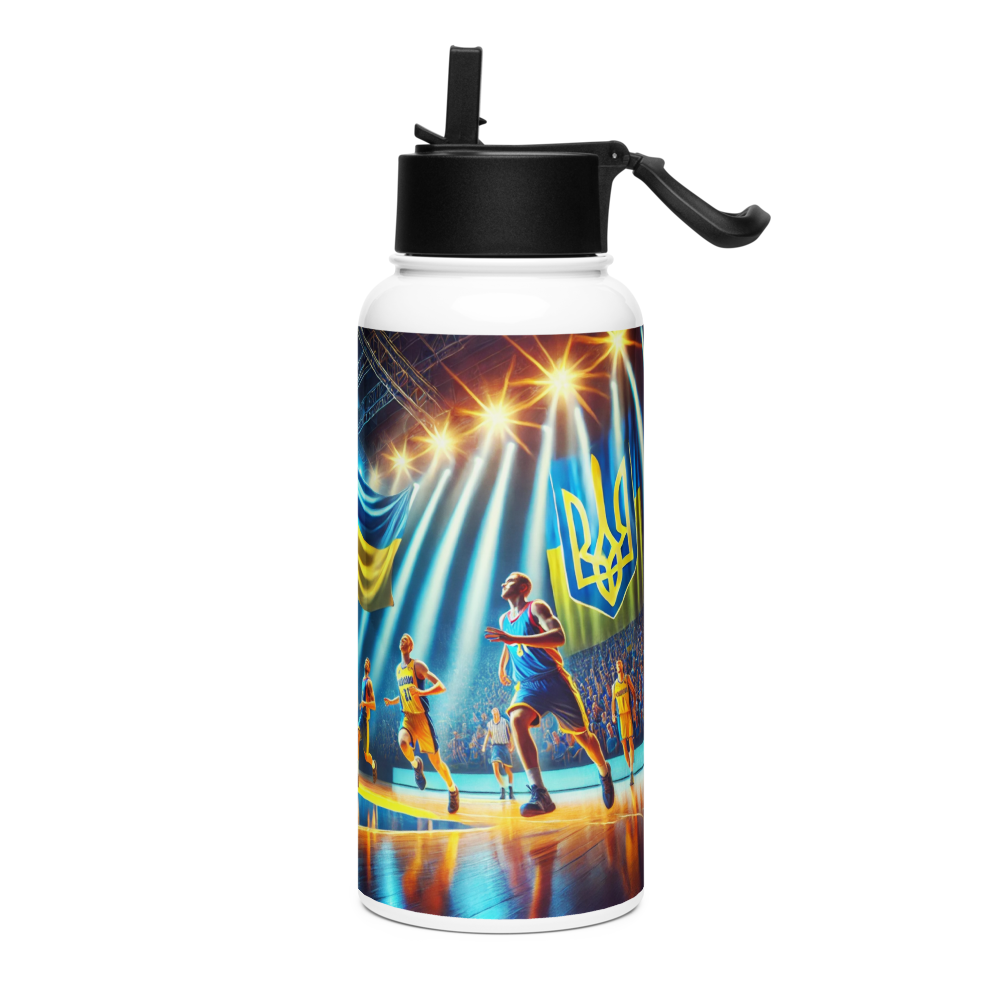 Steel water bottle with Ukrainian basketball emblem, 32 oz, double-walled stainless steel, vacuum insulation, foldable straw.