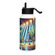Steel water bottle with Ukrainian basketball emblem, 32 oz, double-walled stainless steel, vacuum insulation, foldable straw.