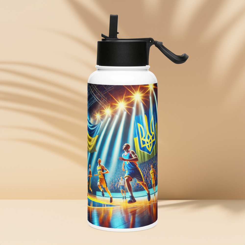 Steel water bottle with Ukrainian basketball emblem and athletic players under stadium lights.