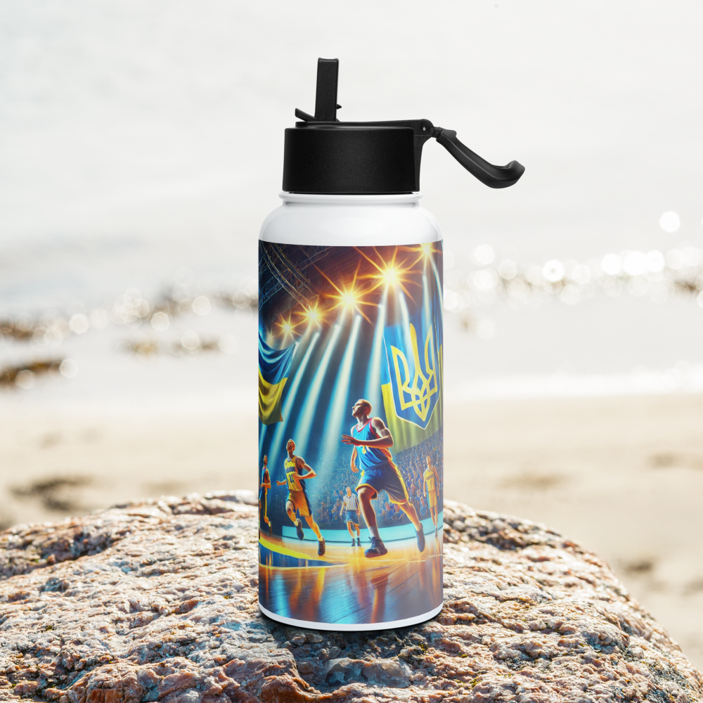 Steel water bottle with Ukrainian basketball emblem on a rock near the beach, featuring vibrant sports design and spill-free straw top.