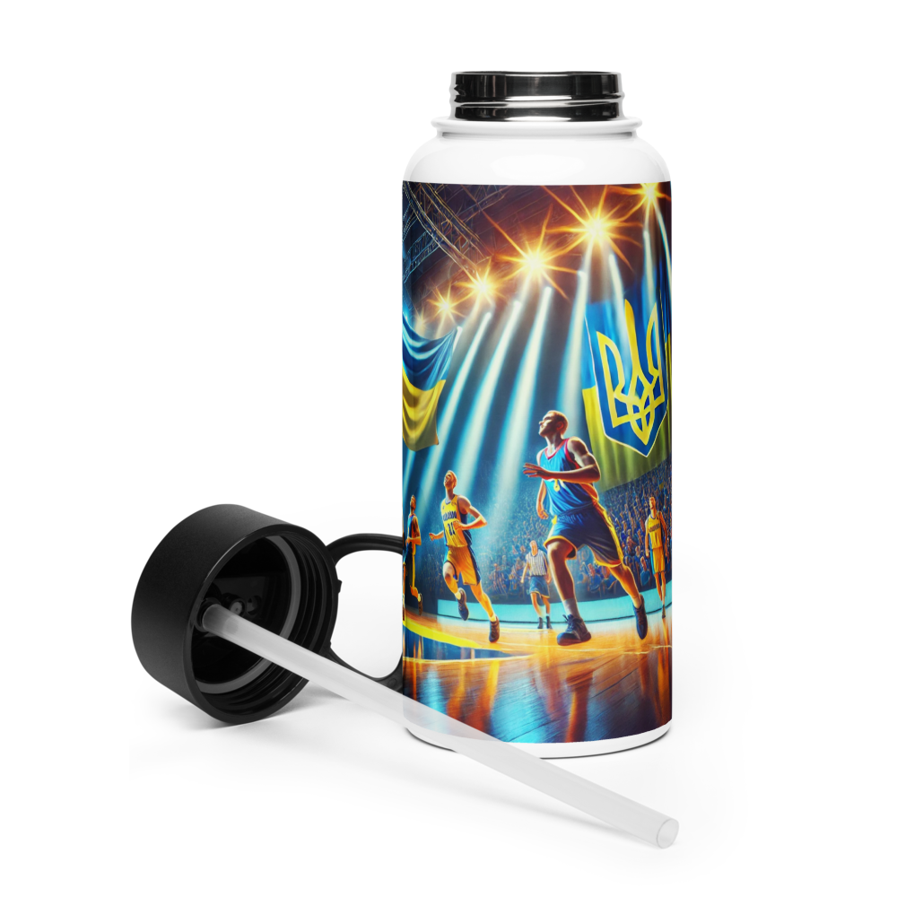 Steel water bottle featuring Ukrainian basketball emblem, double-walled stainless steel with wide-mouth foldable straw.