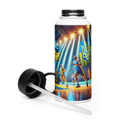 Steel water bottle featuring Ukrainian basketball emblem, double-walled stainless steel with wide-mouth foldable straw.