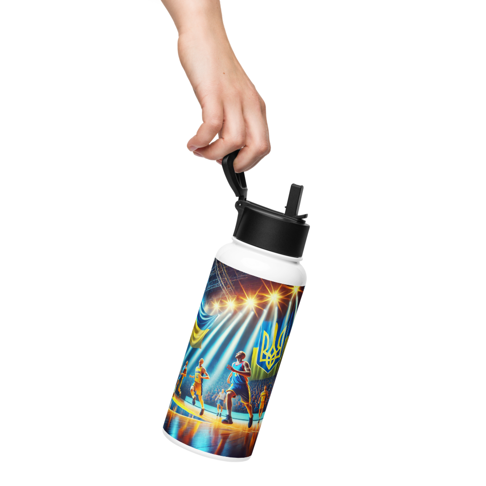 Hand holding a 32 oz steel water bottle with Ukrainian basketball emblem, featuring vacuum insulation and a foldable straw.