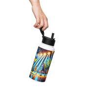 Hand holding a 32 oz steel water bottle with Ukrainian basketball emblem, featuring vacuum insulation and a foldable straw.