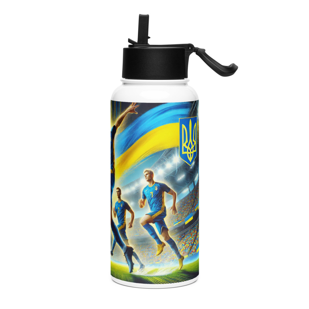 Steel water bottle featuring Ukrainian soccer emblem and players, 32 oz, with vacuum insulation and foldable straw for spill-free sipping.