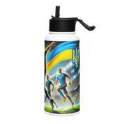 Steel water bottle featuring Ukrainian soccer emblem and players, 32 oz, with vacuum insulation and foldable straw for spill-free sipping.