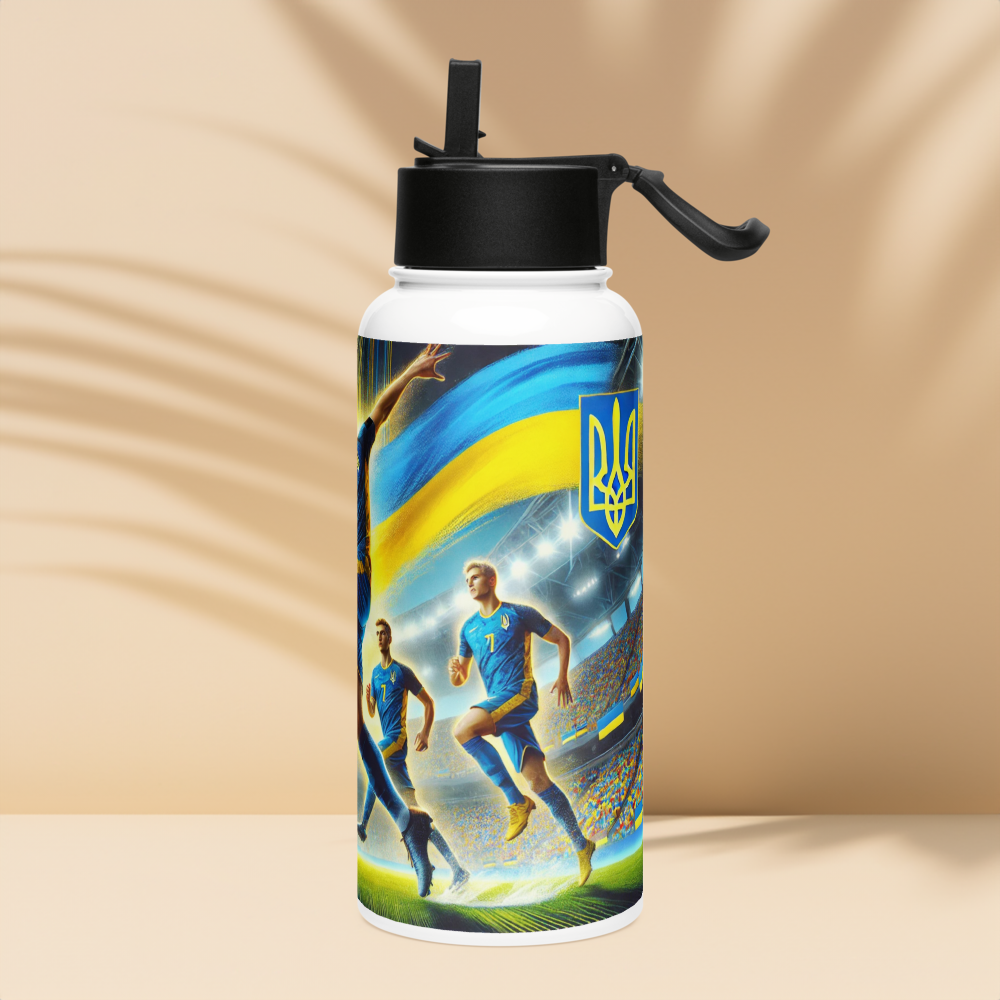 Stainless steel water bottle with Ukrainian soccer emblem, featuring players in action, and a foldable straw for convenient sipping.