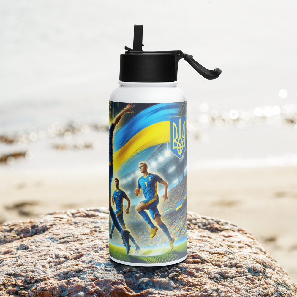 Steel water bottle with Ukrainian soccer emblem on rock by the beach, featuring vacuum insulation and wide-mouth straw.
