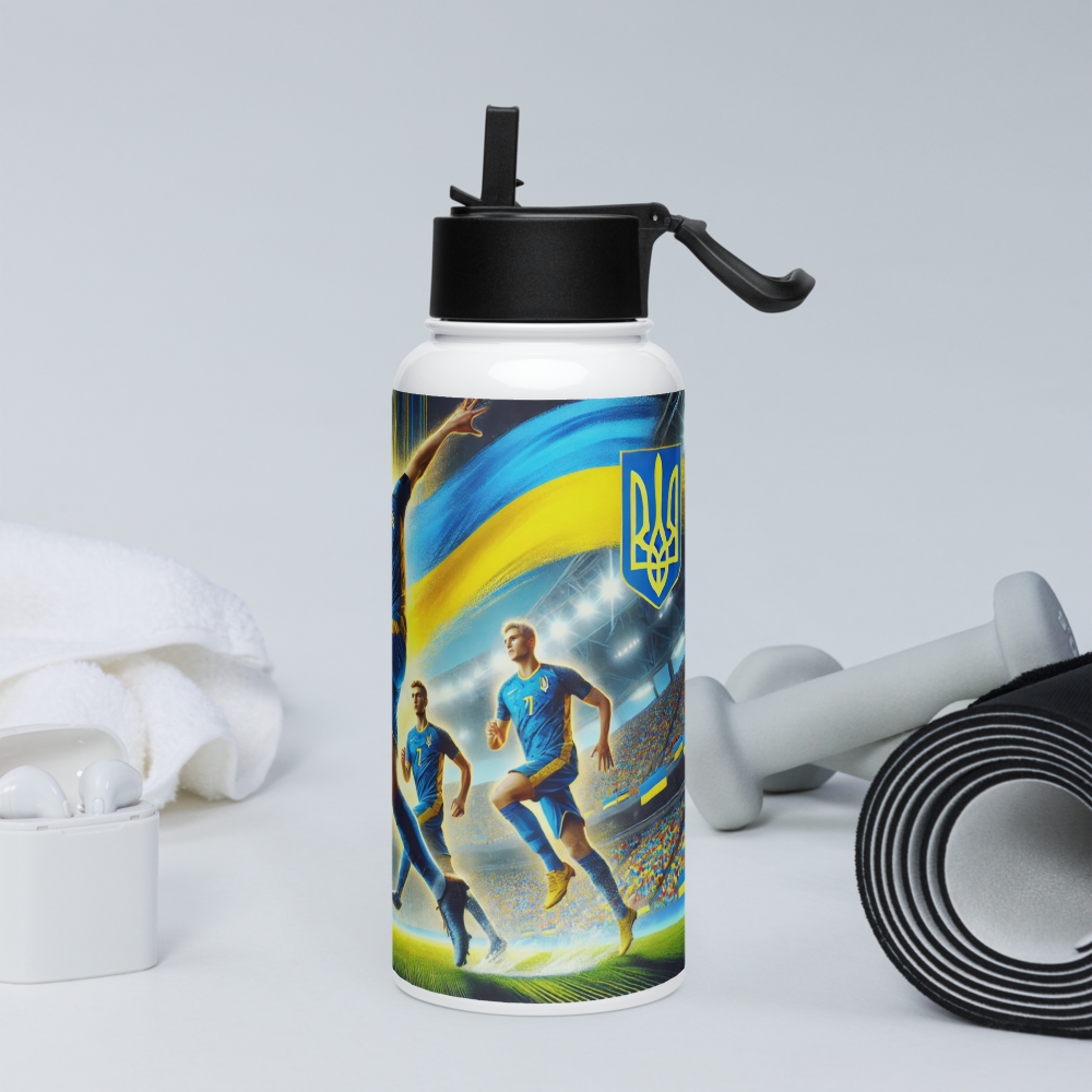 Steel water bottle with Ukrainian soccer emblem, stainless steel design, and wide-mouth straw, perfect for sports and hydration.