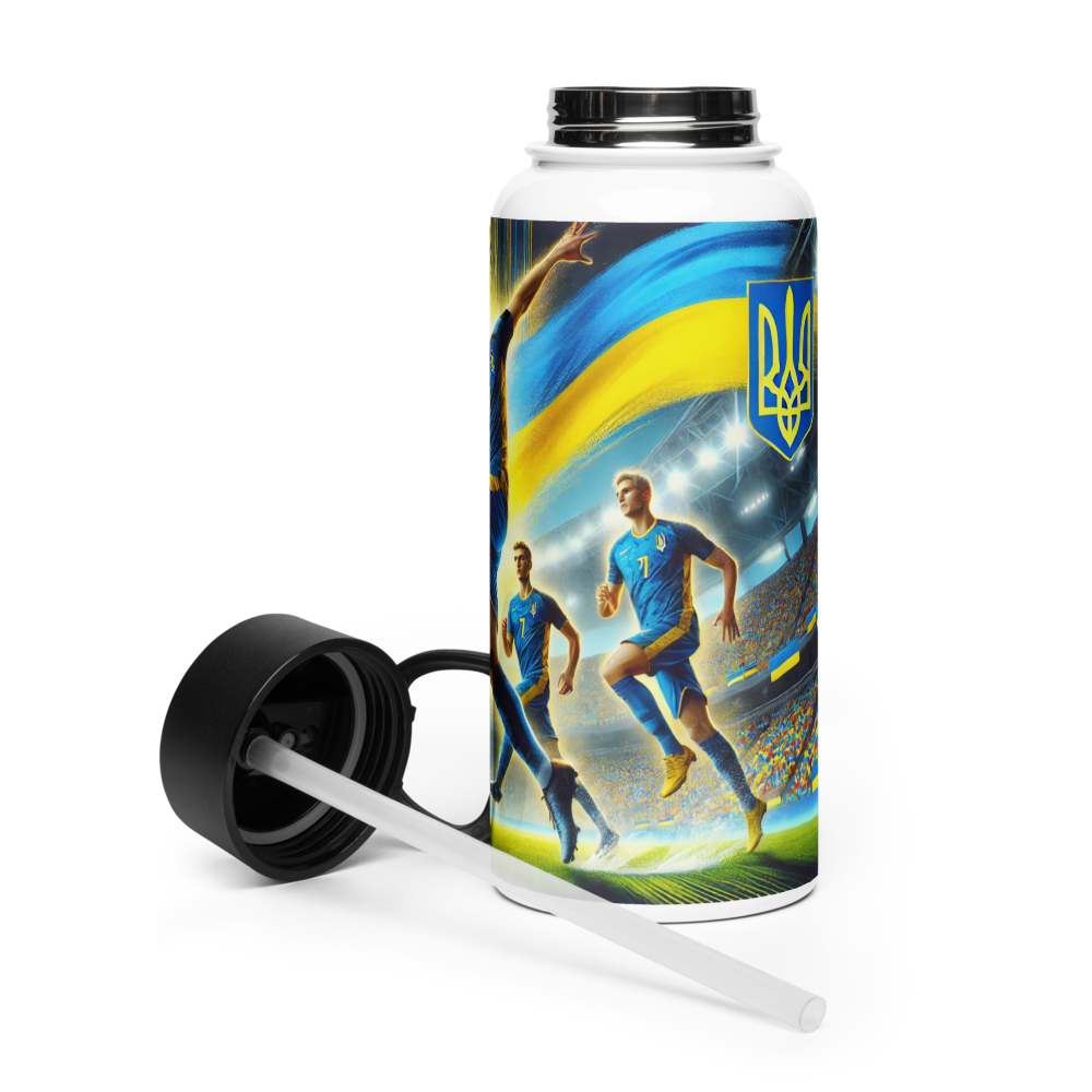 Steel water bottle with Ukrainian soccer emblem, featuring a foldable straw, perfect for fans staying hydrated and supporting their team.