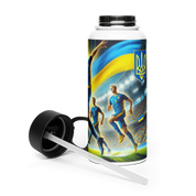 Steel water bottle with Ukrainian soccer emblem, featuring a foldable straw, perfect for fans staying hydrated and supporting their team.