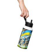 Hand holding a 32 oz steel water bottle featuring Ukrainian soccer emblem and athletes, perfect for supporting the national team.
