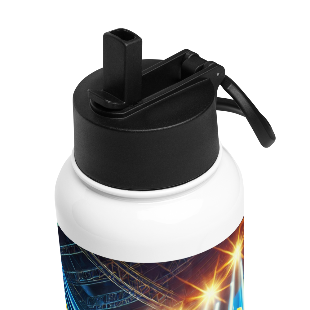 Close-up of steel water bottle with Ukrainian basketball emblem and foldable straw lid. Perfect for team supporters.