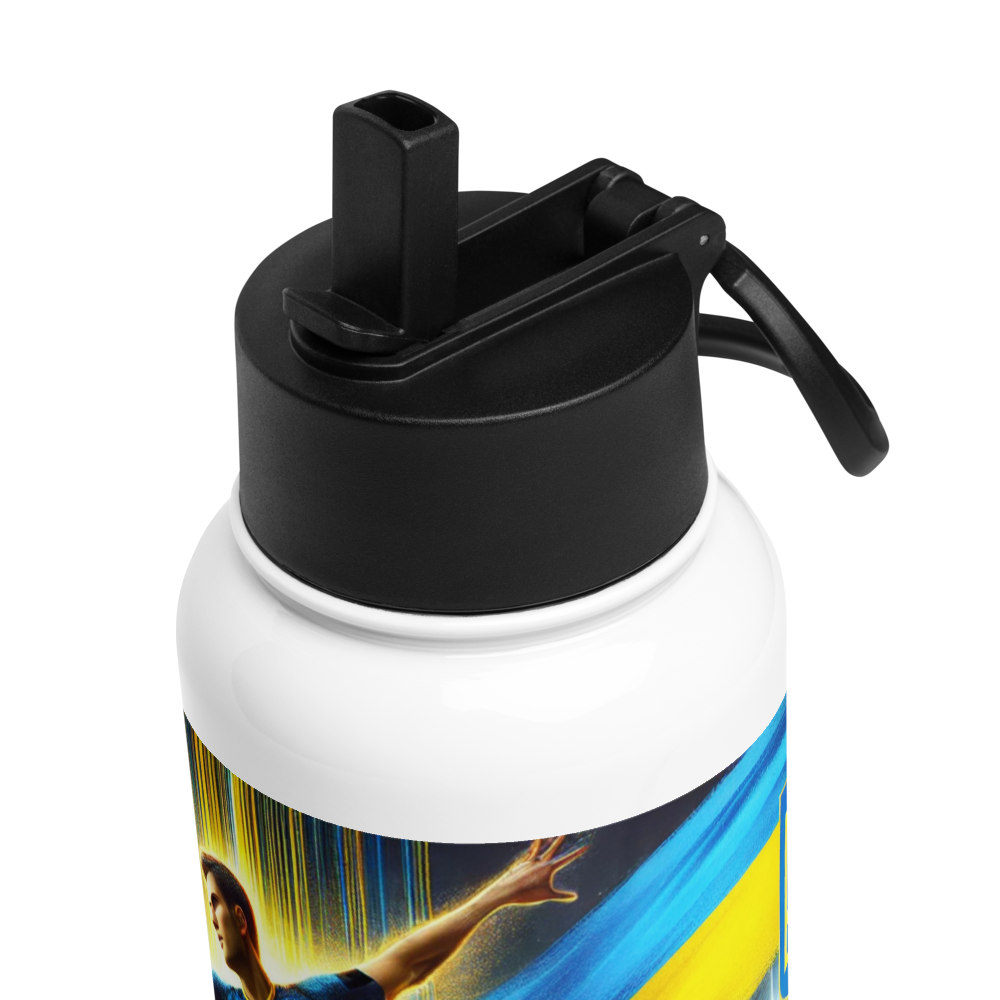 Steel water bottle with Ukrainian soccer emblem and foldable straw for convenient sipping, 32 oz, double-walled, vacuum insulated.