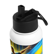 Steel water bottle with Ukrainian soccer emblem and foldable straw for convenient sipping, 32 oz, double-walled, vacuum insulated.