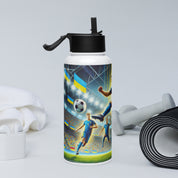 Stainless steel water bottle with Ukrainian soccer emblem, surrounded by gym equipment, highlighting athletic design.