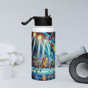 Steel water bottle with Ukrainian basketball emblem, featuring double-walled insulation and wide-mouth straw, in a gym setting.
