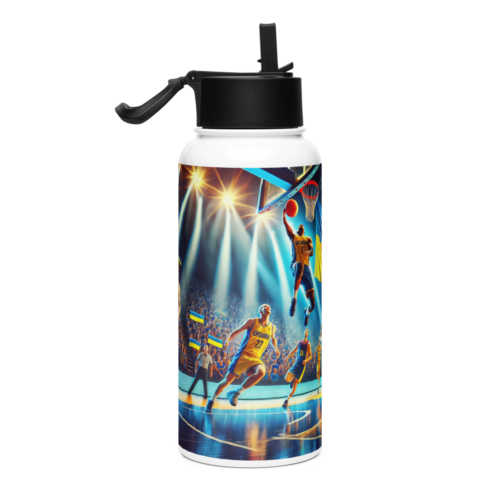 Steel water bottle with Ukrainian basketball emblem, featuring players in action, double-walled vacuum insulation, 32 oz.