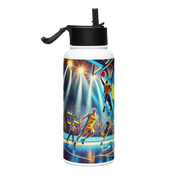 Steel water bottle with Ukrainian basketball emblem, featuring players in action, double-walled vacuum insulation, 32 oz.