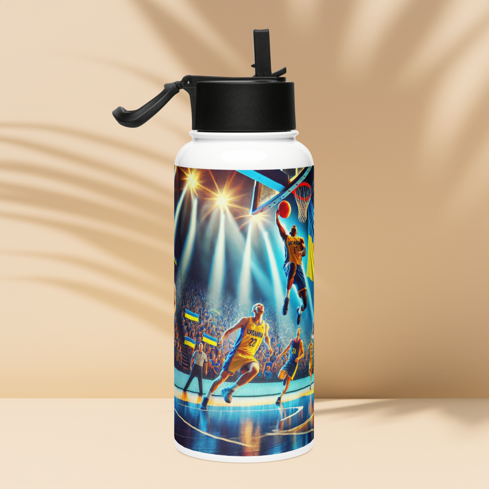 Steel water bottle with Ukrainian Basketball Team emblem, double-walled for temperature control, featuring a foldable straw.