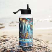 Steel water bottle with Ukrainian basketball emblem on a sunny beach rock.