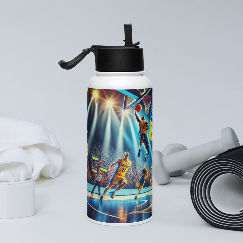 Steel water bottle with Ukrainian basketball emblem, featuring players on court; gym accessories in background.