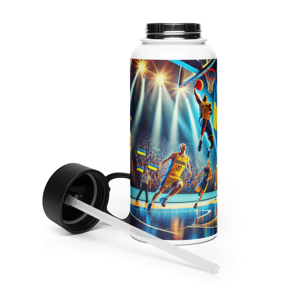 Steel water bottle with Ukrainian basketball emblem, featuring a vibrant game scene and detachable straw lid.