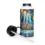 Steel water bottle with Ukrainian basketball emblem, featuring a vibrant game scene and detachable straw lid.