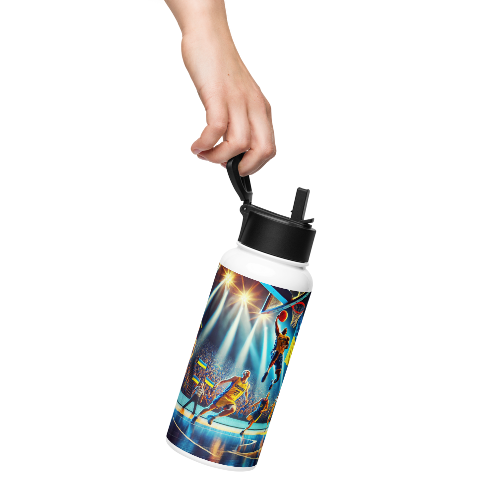 Person holding a 32 oz steel water bottle with a Ukrainian basketball emblem, featuring a wide-mouth foldable straw.