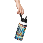 Person holding a 32 oz steel water bottle with a Ukrainian basketball emblem, featuring a wide-mouth foldable straw.