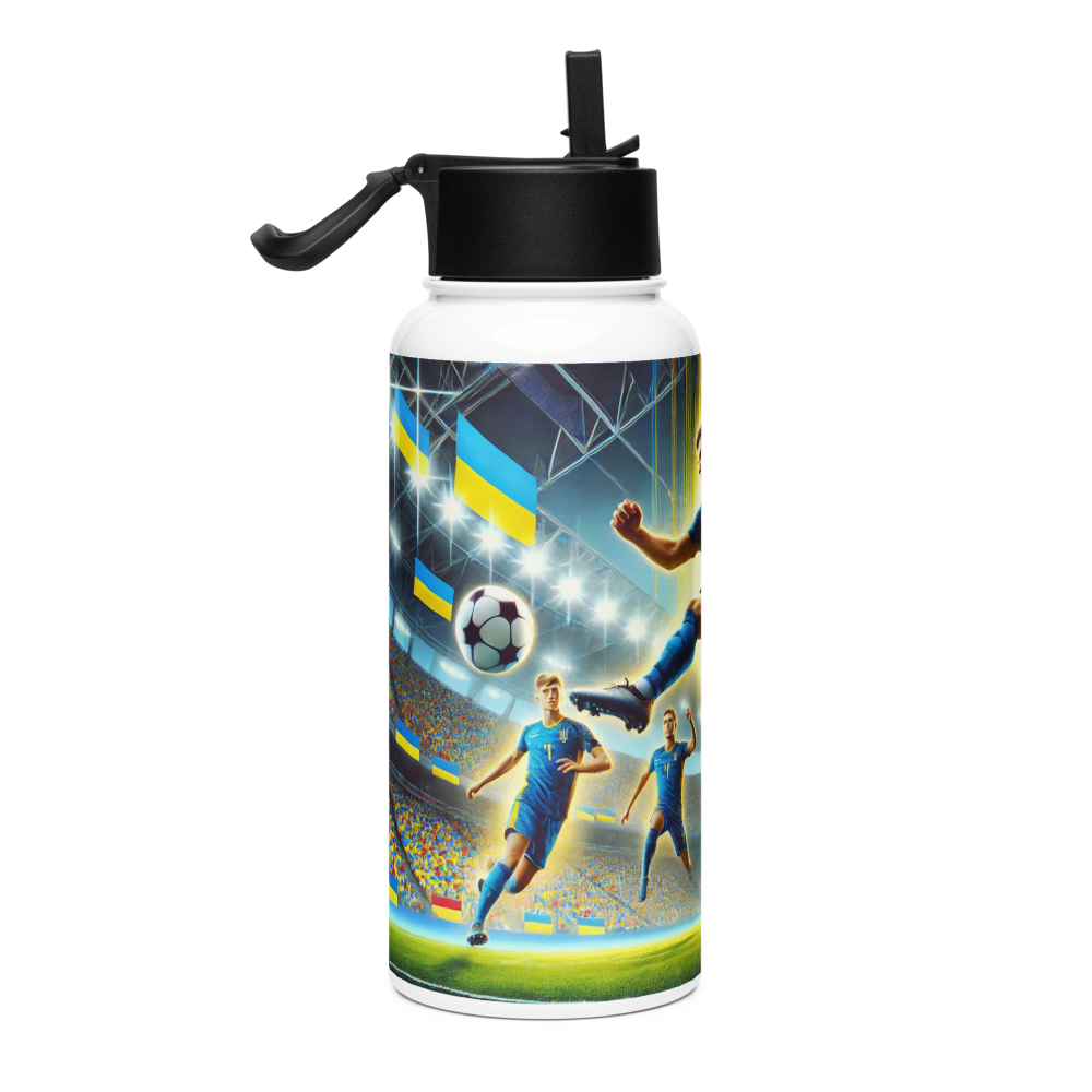 Steel water bottle with Ukrainian soccer emblem and players, featuring a foldable straw and stainless steel, vacuum-insulated design.