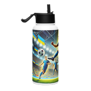 Steel water bottle with Ukrainian soccer emblem and players, featuring a foldable straw and stainless steel, vacuum-insulated design.