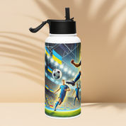 Steel water bottle with Ukrainian soccer emblem and stadium design, 32 oz, vacuum-insulated for temperature control.