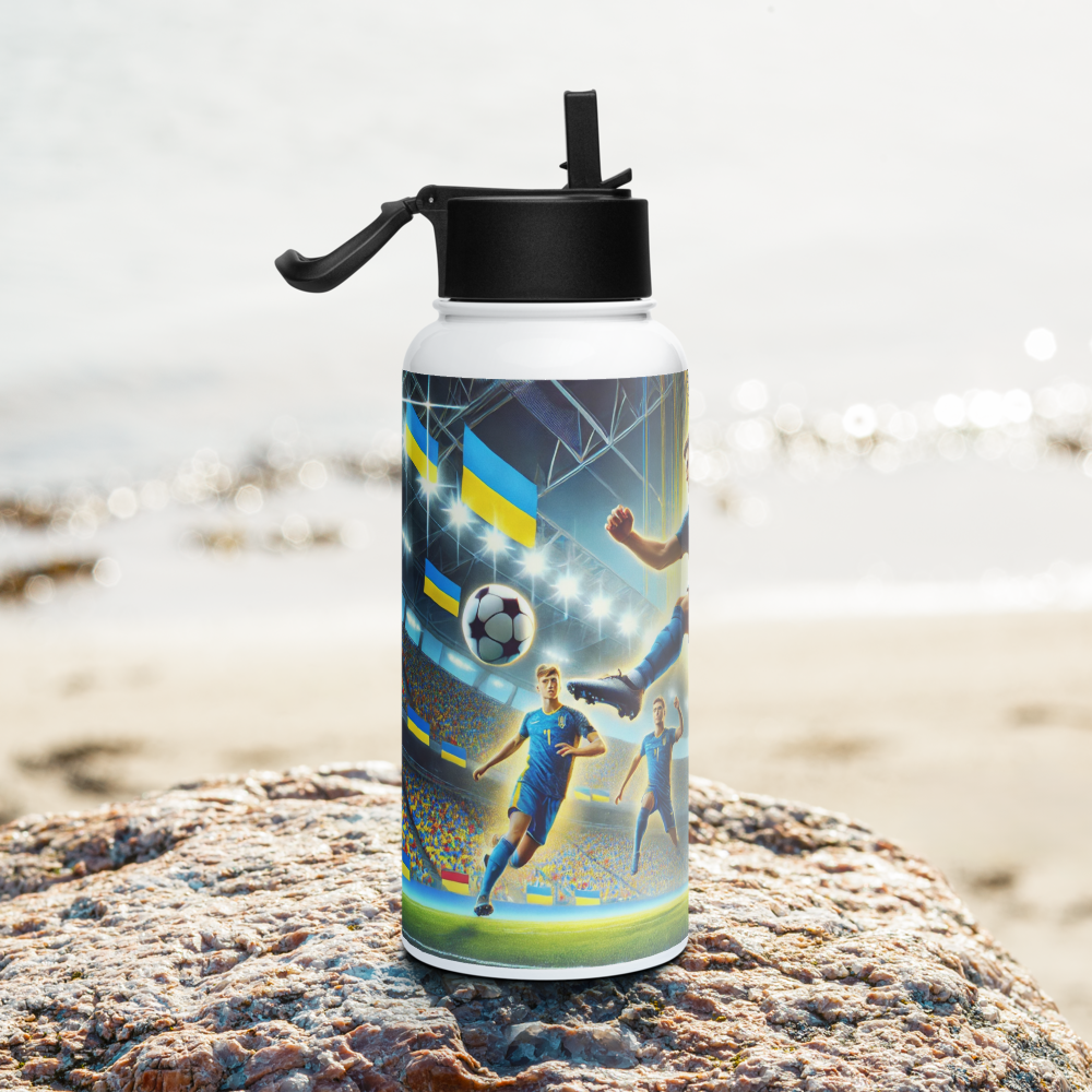Steel water bottle with Ukrainian soccer emblem on a rocky beach, featuring vacuum insulation and foldable straw.