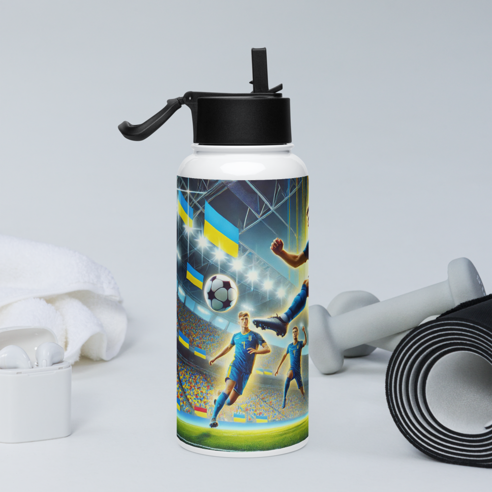 Stainless steel water bottle with Ukrainian soccer emblem, featuring athletes and flags, ideal for hydration during workouts.