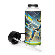 Steel water bottle with Ukrainian soccer emblem, featuring players and stadium design, includes lid with foldable straw.