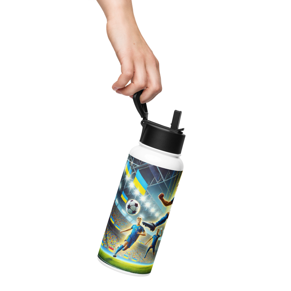 Person holding a 32 oz steel water bottle with Ukrainian soccer emblem, featuring a wide-mouth foldable straw for easy carrying.
