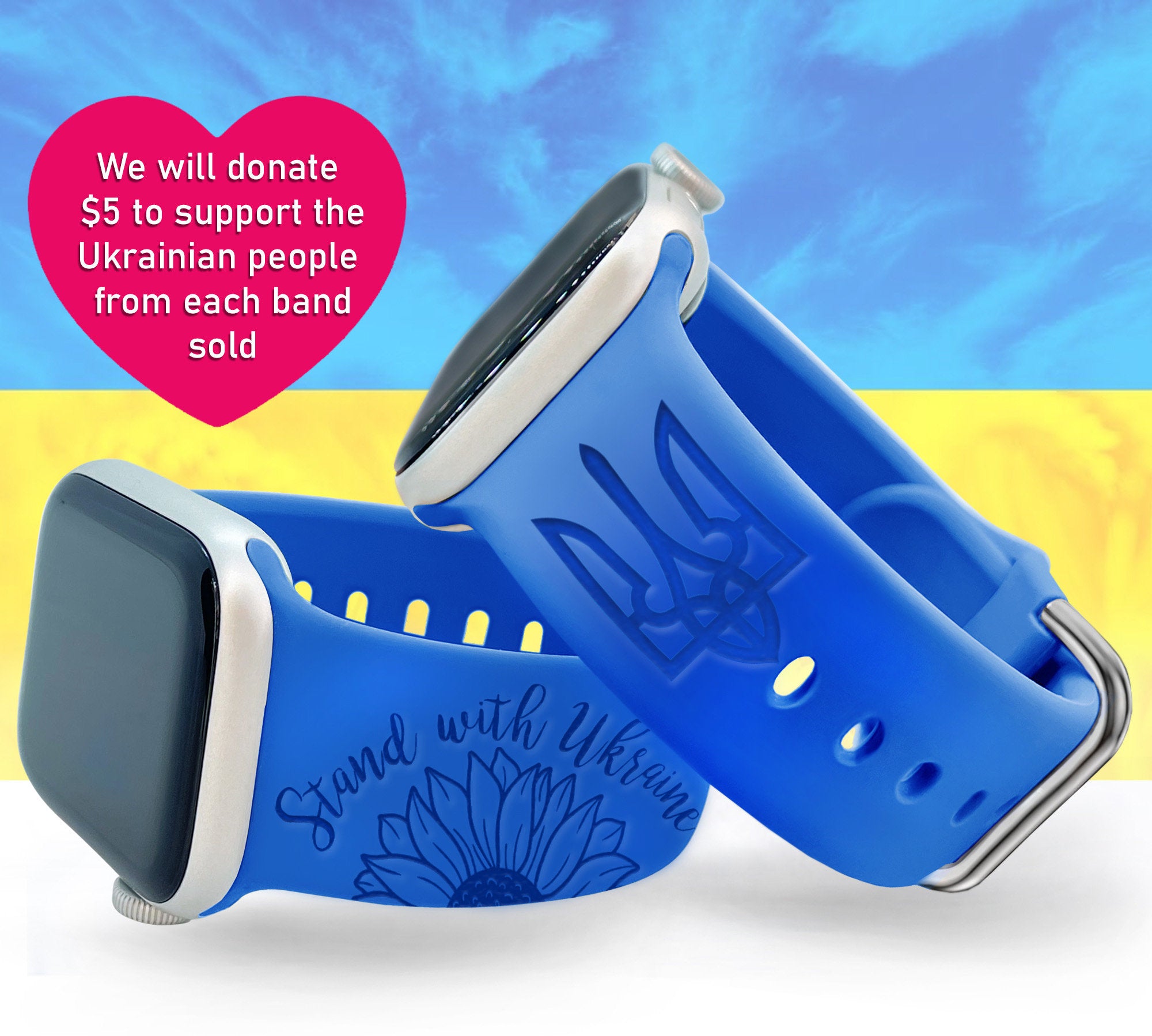 "Blue silicone Apple Watch band with 'Stand with Ukraine' and Ukrainian emblem design, supporting Ukraine with every purchase"