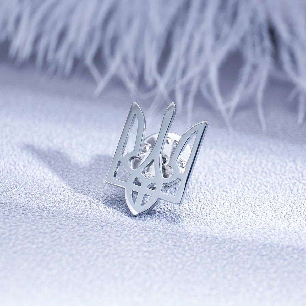 Stylish Ukrainian Tryzub brooch in stainless steel, perfect for weddings, parties, or daily wear.