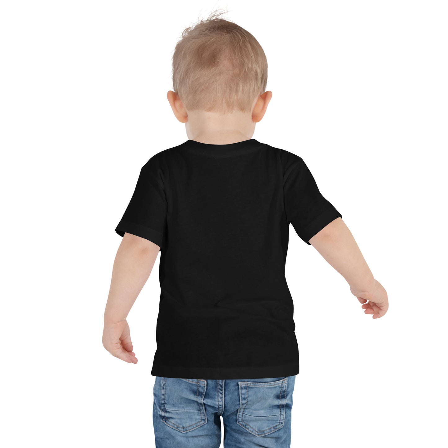 Toddler wearing a black short sleeve t-shirt with Ukraine design, showcasing back view and denim jeans, highlighting comfort and style.