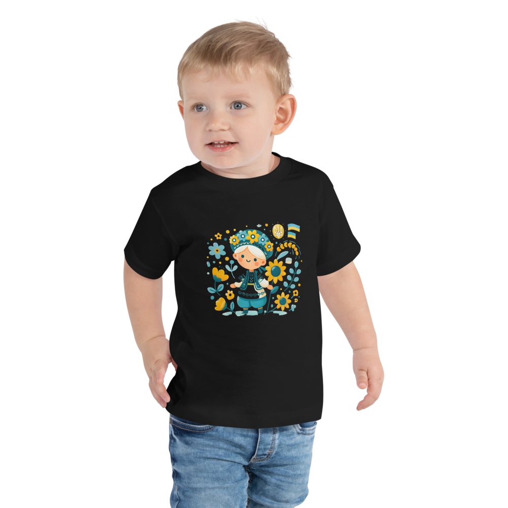 Unisex Toddler T-Shirt with Ukrainian Folk Art – Soft and Comfortable Short Sleeve Tee Featuring Sunflower and Tryzub Print