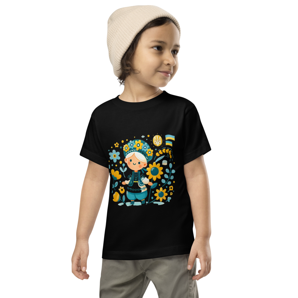 Unisex Toddler T-Shirt with Ukrainian Folk Art – Soft and Comfortable Short Sleeve Tee Featuring Sunflower and Tryzub Print