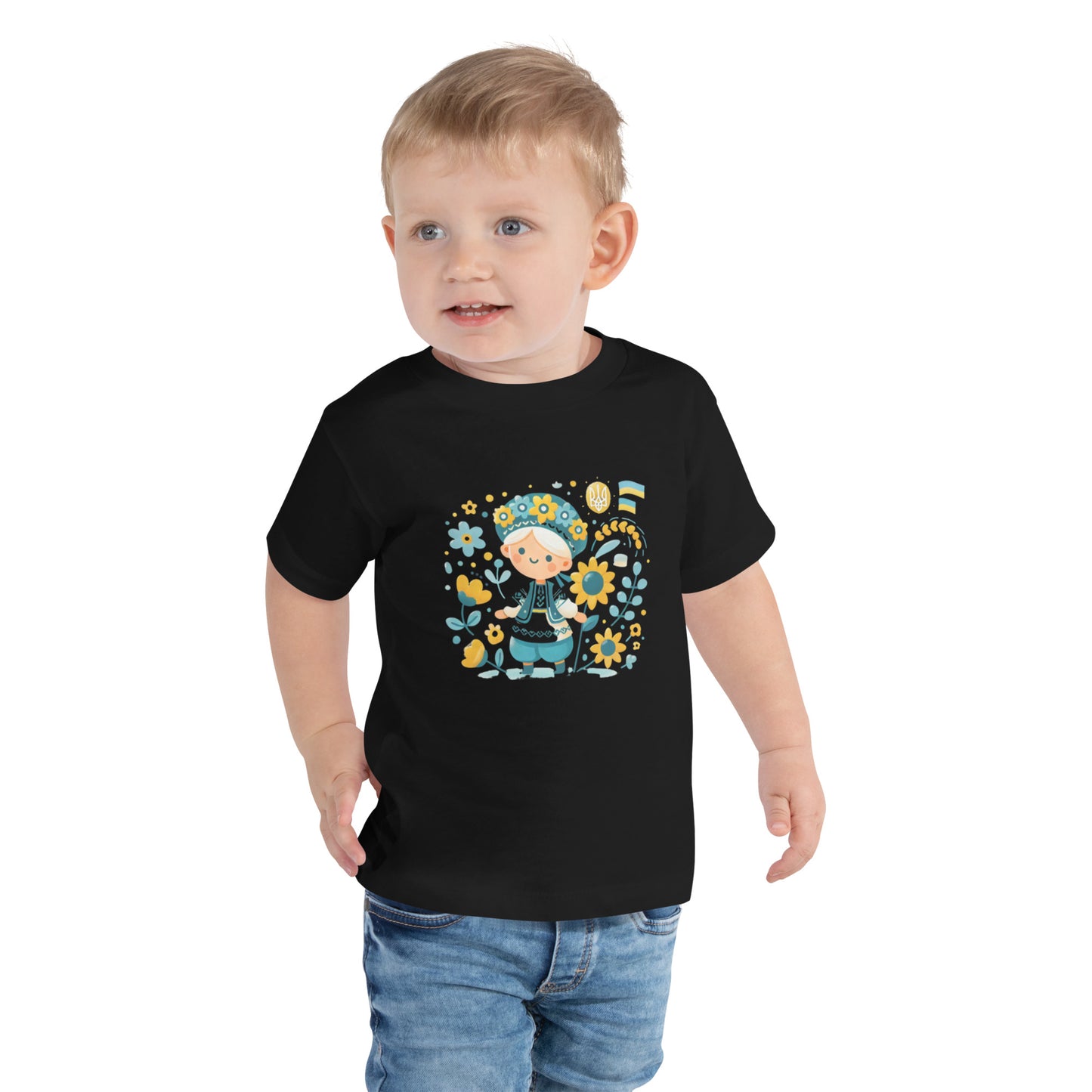 Unisex Toddler T-Shirt with Ukrainian Folk Art – Soft and Comfortable Short Sleeve Tee Featuring Sunflower and Tryzub Print