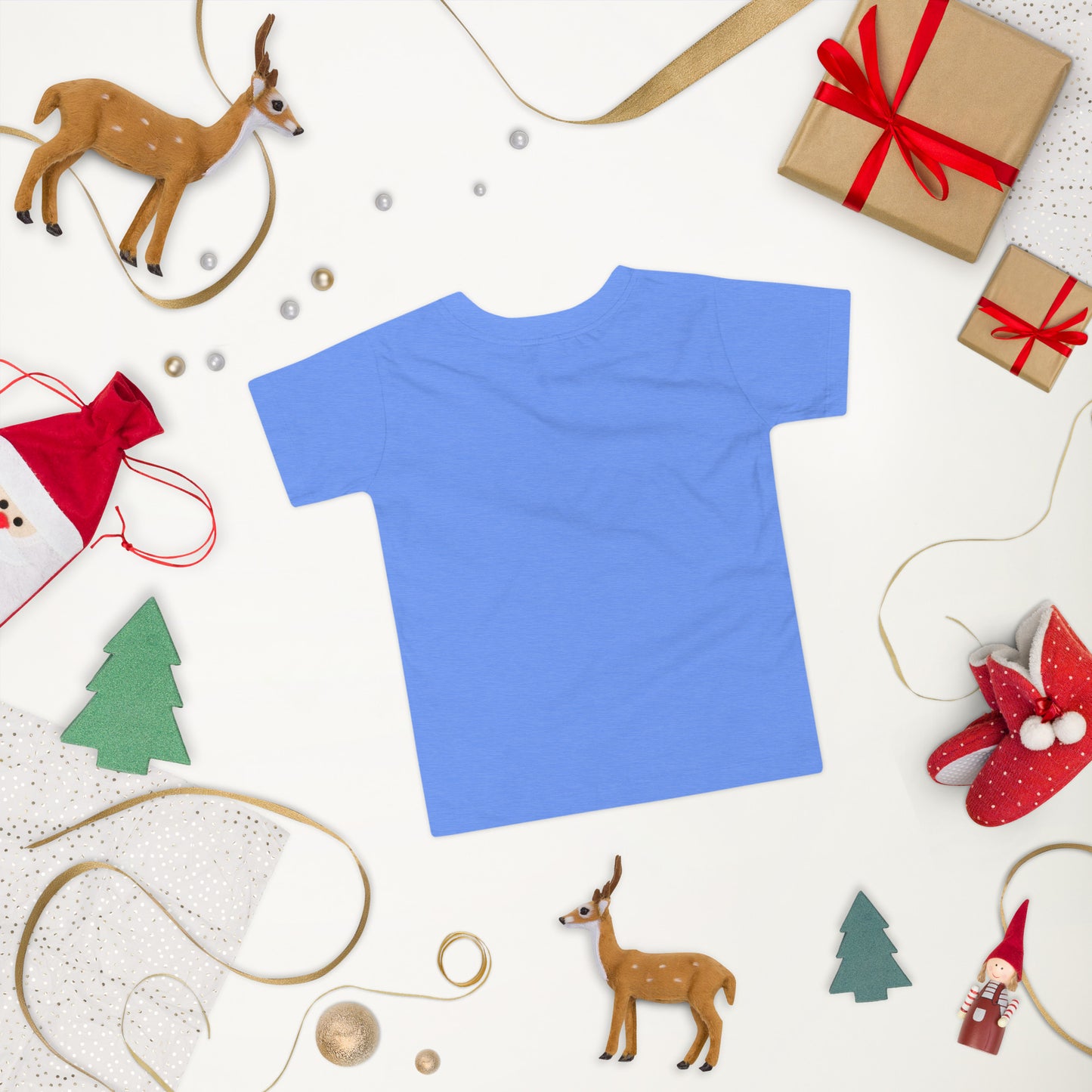 Blue toddler short sleeve T-shirt with Ukraine design surrounded by Christmas decorations, featuring presents and festive ornaments.