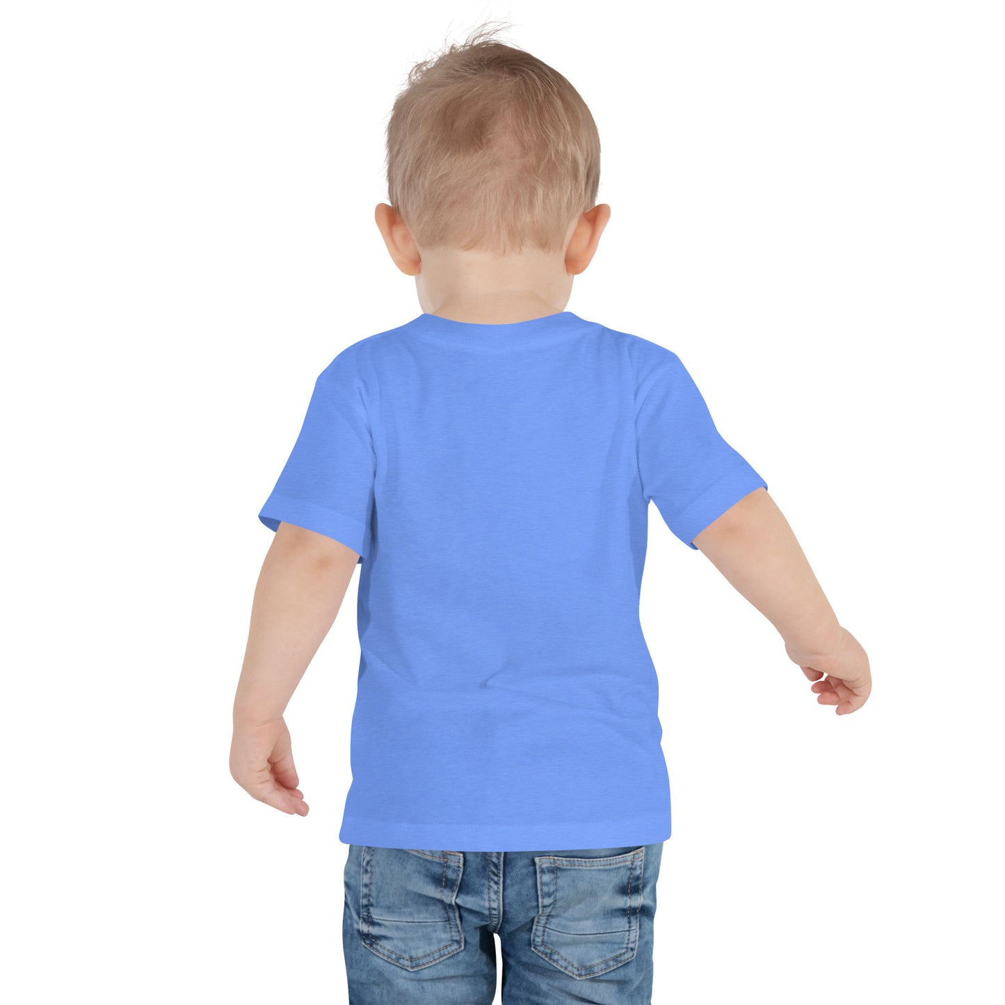 Toddler wearing blue short sleeve t-shirt and jeans, showcasing back view of Ukraine-inspired design tee for kids.